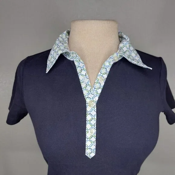 Lands End Womens XS Petite Polo Shirt Short Sleeve Navy Print Collar - Picture 9 of 12